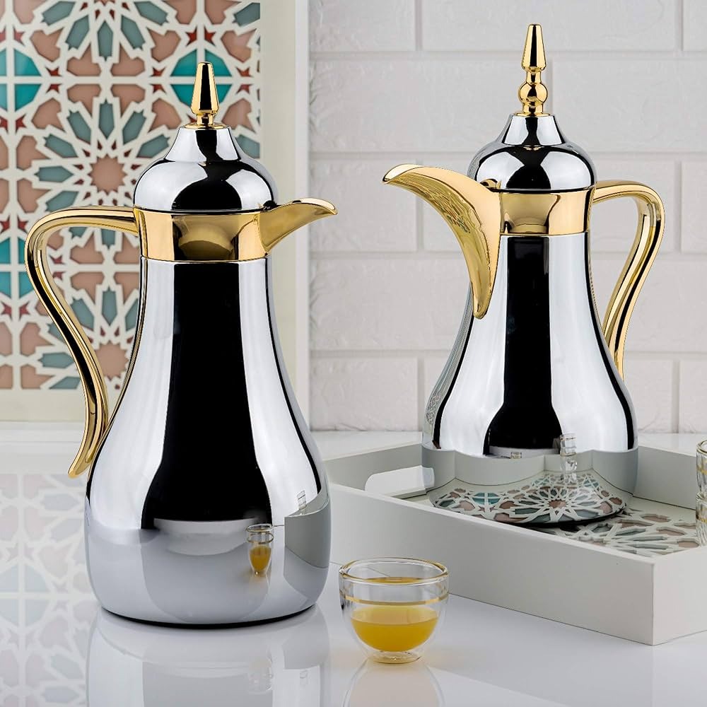 Golden & Silver Arabic Dallah Set – Double-Wall Thermal Carafes (1L + 0.7L)
